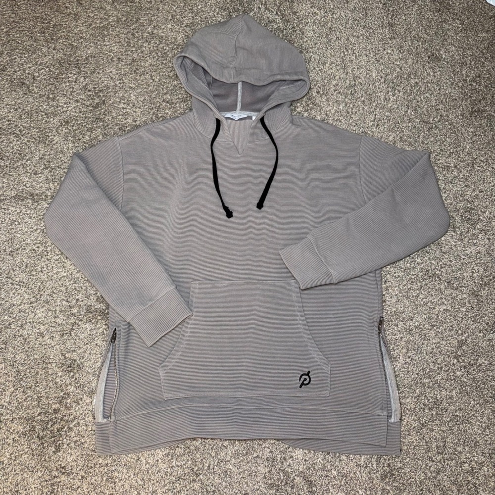 Peloton Mens Ribbed Pullover Hoodie Gray Side Zip Kangaroo Pocket Size M